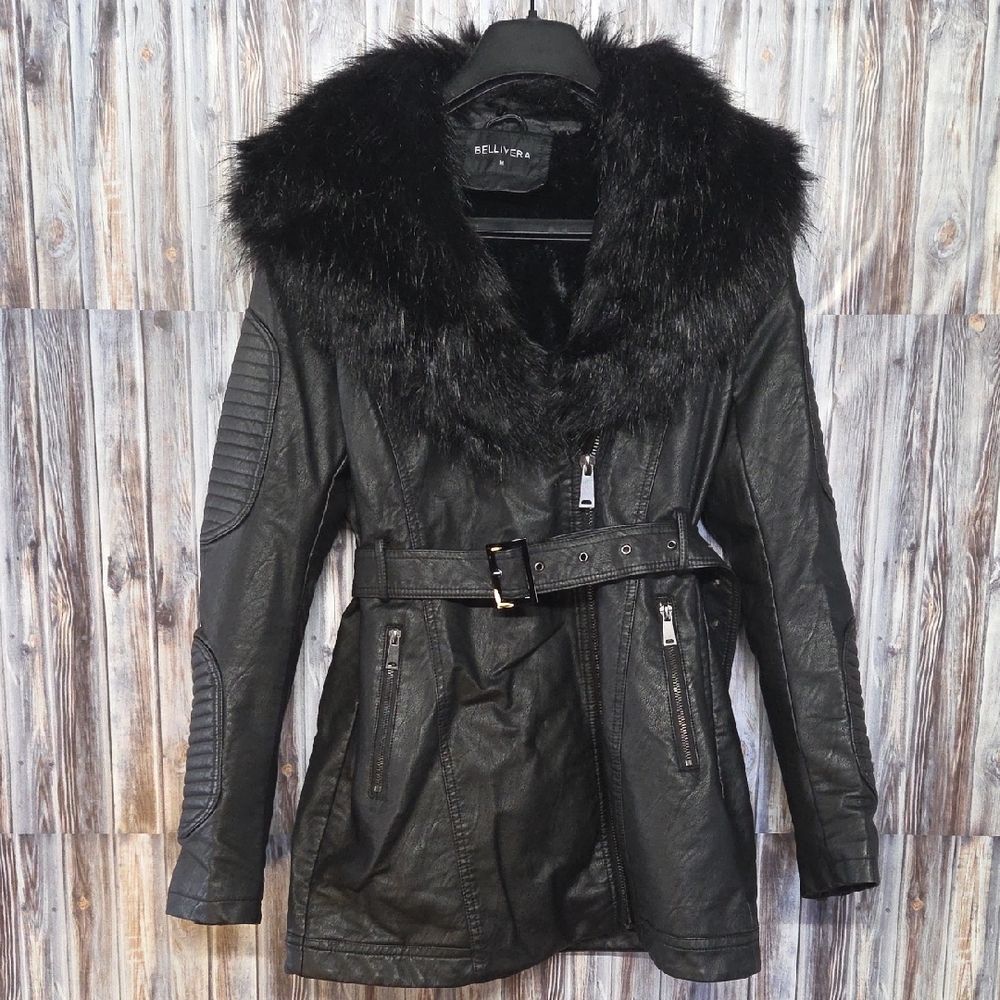 Bellivera Black Faux Leather Jacket with Faux Fur Collar